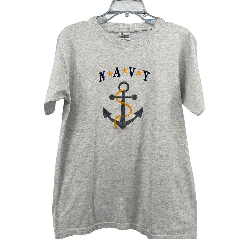 Santee Gold US Navy Embroidered Anchor Graphic T-Shirt Gray Unisex Medium Cotton